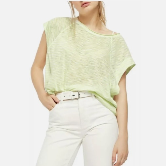 We The Free Tops - We the Free Free People Halo Cap Sleeve T-Shirt Stripe Neon Lime Combo